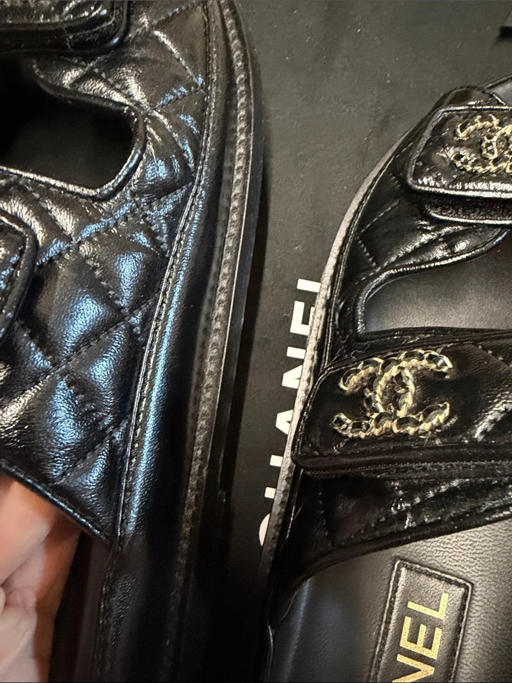 CHANEL Black Quilted Double-Strap Logo Slides with Gold Hardware